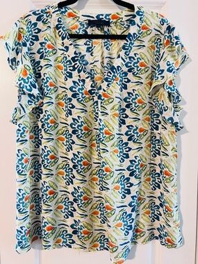 RACHEL Rachel Roy White Floral V-Neck Ruffle Sleeve Blouse